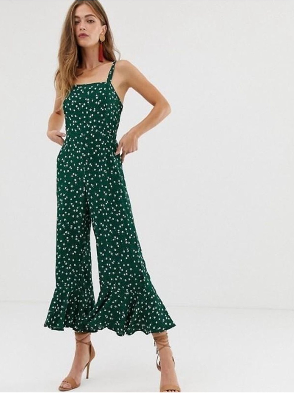 Faithfull the Brand Lea Emerald Green Polka Dot Ruffle-Hem Jumpsuit XS